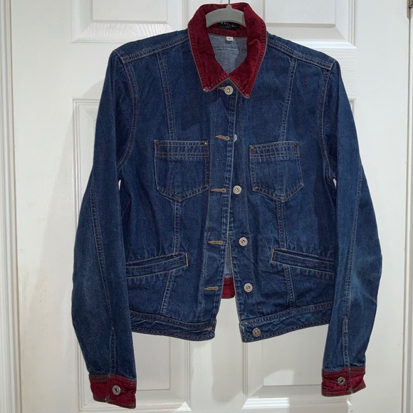 Guess Glamour Denim vintage trucker denim jacket velvet trim Sz L - Picture 1 of 9